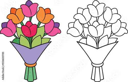 Colorful Tulip Bouquet Illustration with Outline Version Spring Flowers in Purple Wrapper
