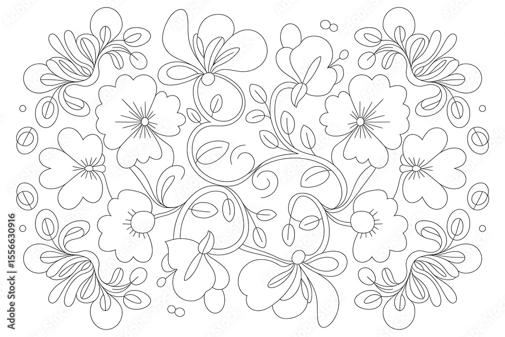 Fototapeta premium Ornate floral design, intricate black lines on white. 