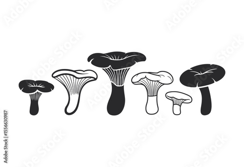 Collection of stylized black and white mushroom silhouettes on a white background