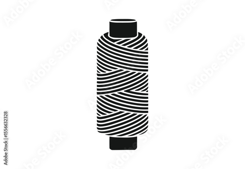 Stylized black and white silhouette of a spool of thread