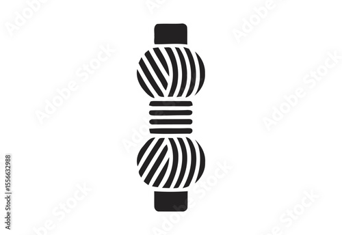 Stylized black and white silhouette of a spool of thread on a white background