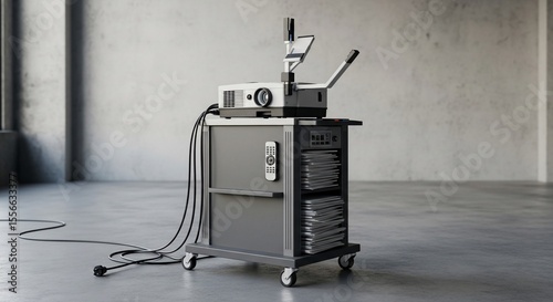 A gray AV cart holds a projector and other presentation equipment in a minimalist setting.