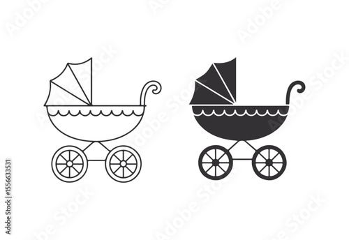 Vintage baby carriage icon in outline and solid black styles on white background