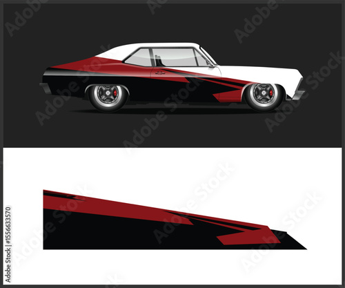 Classic Car with Custom Red and Black Racing Stripes Graphic Design
