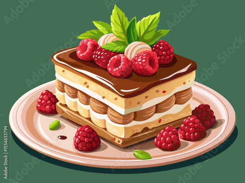 vector of Delicious layers of creamy tiramisu served on a pristine white plate with pieces of raspberry.