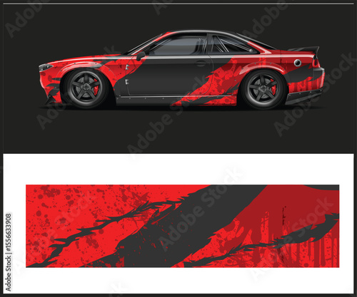 Red and Black Sports Car with a Graphic Wrap Design on Dark Background
