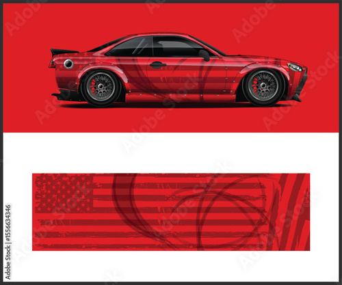 Red Sports Car with American Flag Design on a Red Background