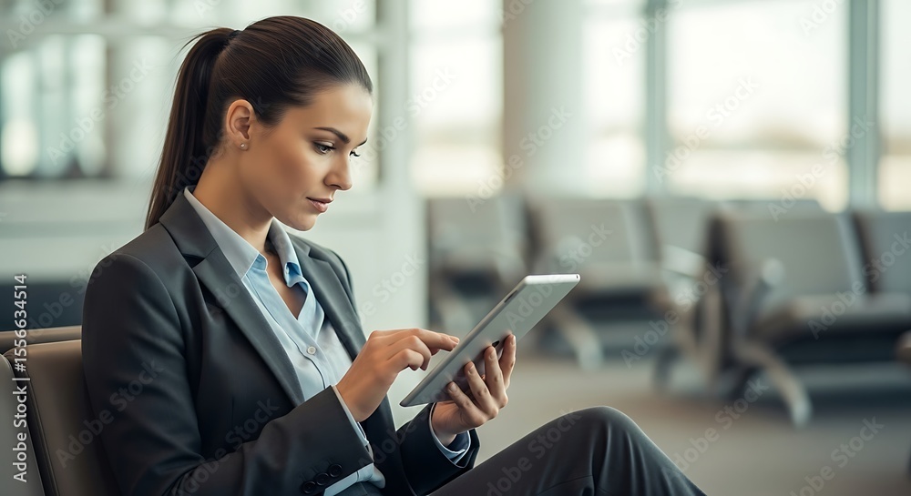 Elegant businesswoman works with a digital tablet while waiting at the airport, connecting with global networks. Elegant businesswoman works with a digital tablet while waiting at the airport, connecting with global networks.