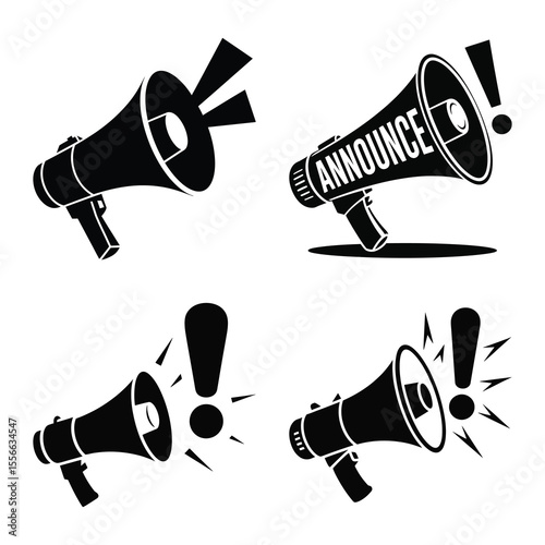 Collection of black megaphone silhouettes announcing important messages and alerts