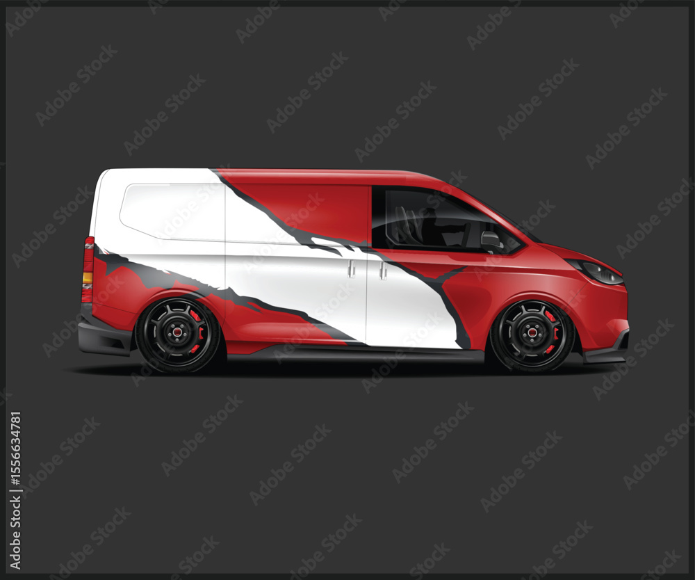 Obraz premium Slammed Red and White Van with Custom Wheels and Body Kit