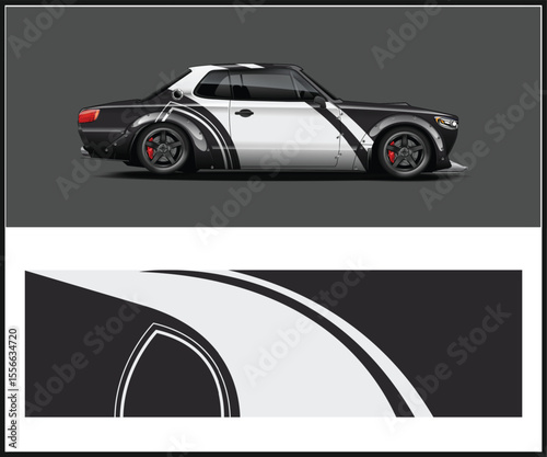 Custom Black and White Racing Car Design with Graphic Decal Template