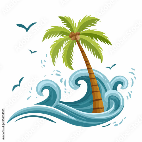 Vector Image: Lone Palm Tree on the Beach in the Midst of a Tropical Storm 01