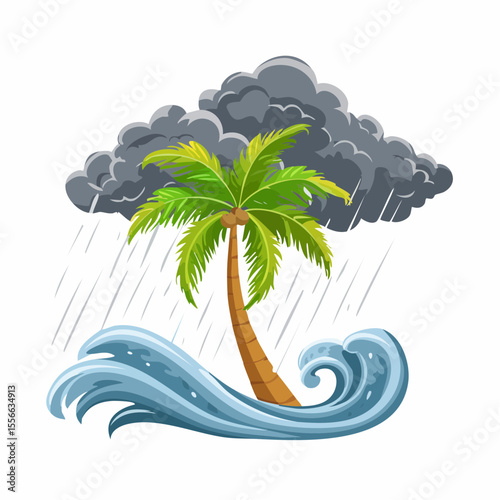 Vector Image: Lone Palm Tree on the Beach in the Midst of a Tropical Storm 08