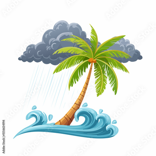 Vector Image: Lone Palm Tree on the Beach in the Midst of a Tropical Storm 07