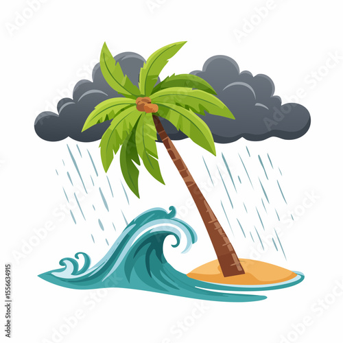 Vector Image: Lone Palm Tree on the Beach in the Midst of a Tropical Storm 05