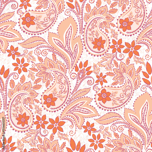 peachy Orange Paisley and jacobean style Leaves Pattern