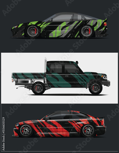 Three Custom Vehicles with Unique Paint Jobs and Modified Body Kits Illustration
