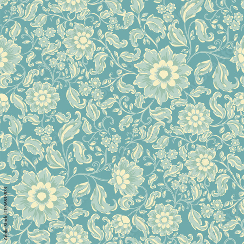 Vintage Traditional Chintz Style Aqua Blue And Pale Yellow Florals all Over Pattern