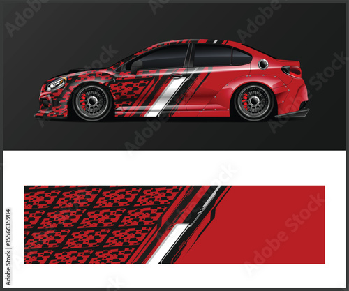 Red and Black Sport Car Wrap Design with Abstract Geometric Pattern