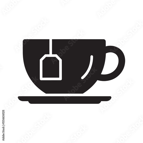 Hot tea cup with teabag beverage mug for morning breakfast drink caffeine refreshment traditional herbal aroma brew kitchenware vector glyph icon solid