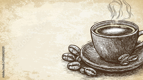 vintage style illustration of steaming  cup of coffee brown and tan drawing space for copy text