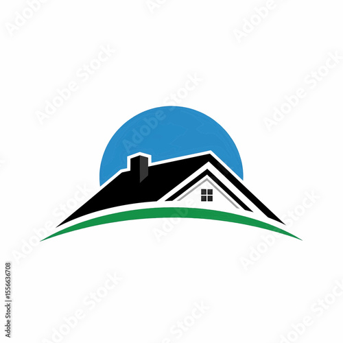 This high-quality vector graphic features a minimalist black house roof with a chimney, set against a blue semicircle and a green arching line, emphasizing home and clean design.