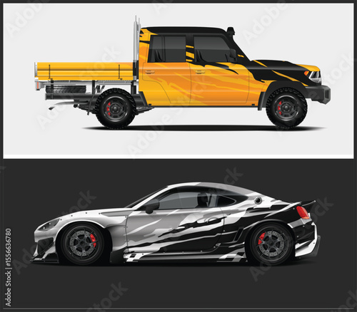 Two Customized Cars A Yellow Truck and a Black and White Sports Car