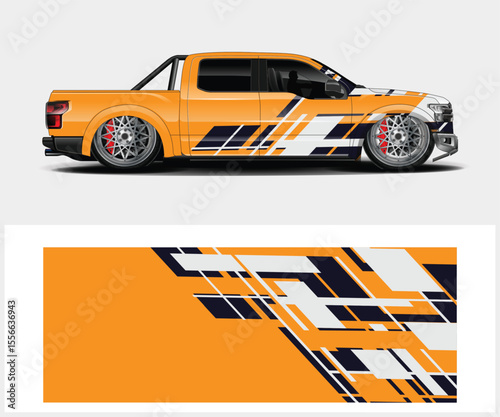 Stylized Orange Truck with Geometric Wrap Design and Matching Pattern