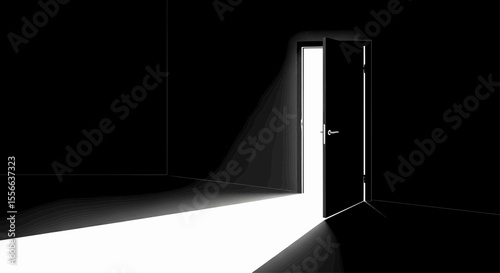 This high-quality vector graphic features a minimalist, slightly ajar black door revealing a bright white light path, emphasizing new opportunities and clean design.