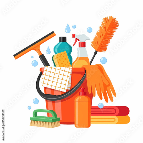 This high-quality vector graphic features a vibrant orange bucket filled with cleaning tools (squeegee, bottles, sponge, duster) and gloves, towels, and brush,