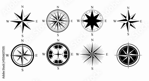 This high-quality vector set features eight distinct minimalist black compass rose icons (star, intricate, modern, bold, detailed), all emphasizing direction, navigation, and clean design.