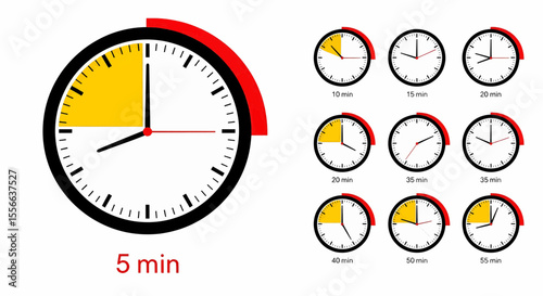 This high-quality vector set features eleven minimalist clock timer icons in black, red, and yellow, illustrating 5-minute intervals up to 55 minutes, emphasizing time progression and clean design.