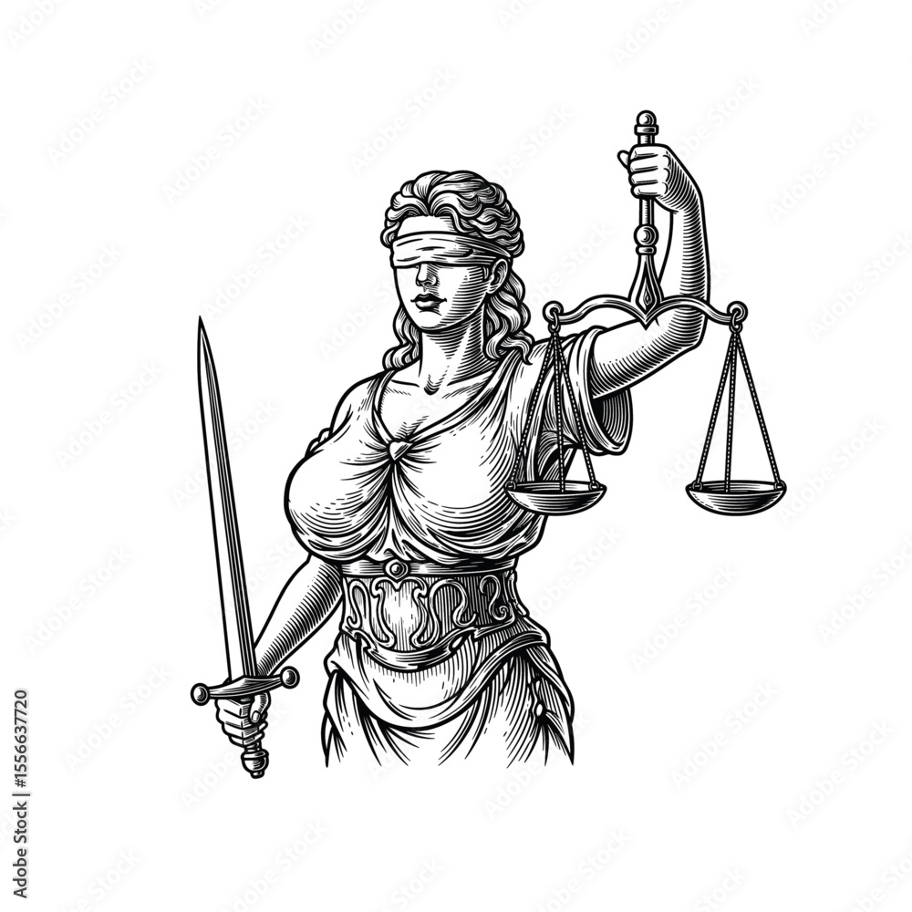 Obraz premium Lady Justice Icon, drawn in an engraved, woodcut style with fine details sketch engraving vector illustration. Scratch board imitation. 