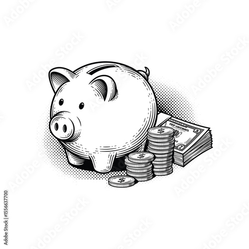 Piggy Bank and Cash, drawn in an engraved, woodcut style with fine details sketch engraving vector illustration. Scratch board imitation. 