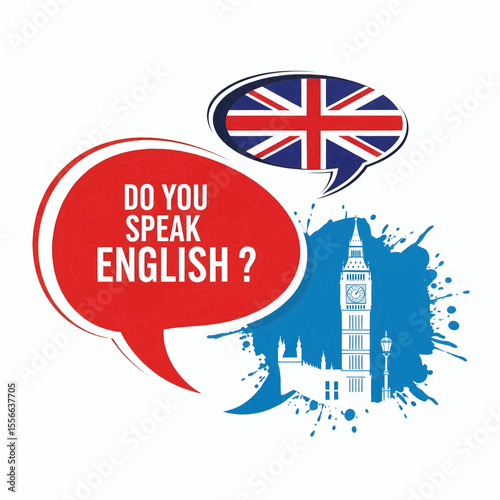 This high-quality vector graphic features three minimalist speech bubbles ("Do You Speak English?", Union Jack, Big Ben), emphasizing language, travel, and clean design.