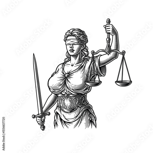 Lady Justice Icon, drawn in an engraved, woodcut style with fine details sketch engraving vector illustration. Scratch board imitation. 