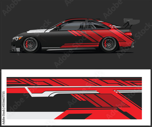 Sleek Black and Red Racing Car with Custom Graphics and Aggressive Styling