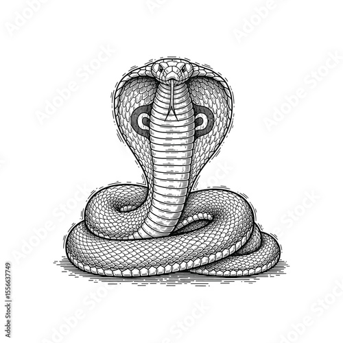 King Cobra Illustration, drawn in an engraved, woodcut style with fine details sketch engraving vector illustration. Scratch board imitation. 