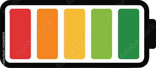 A battery icon with red orange yellow and green bars indicating charge level on a light background