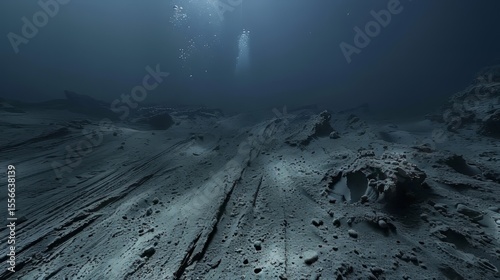 Same abyssal plain after mining: chaotic sediment clouds in mid-water, tracks of robotic crawler, missing nodules, faint outline of a submersible in the distance, eerie and barren atmosphere