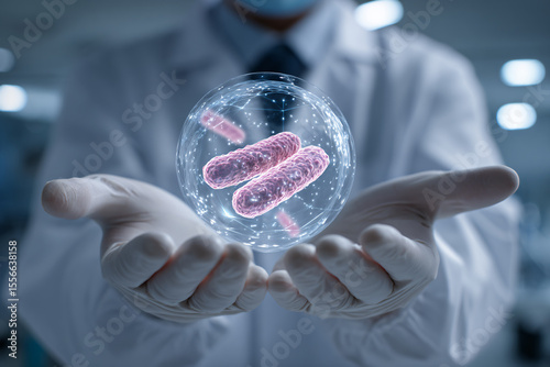 A microbiologist or medical scientist in a laboratory setting is shown holding a glowing digital hologram of bacteria. 