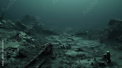 Same abyssal plain after mining: chaotic sediment clouds in mid-water, tracks of robotic crawler, missing nodules, faint outline of a submersible in the distance, eerie and barren atmosphere