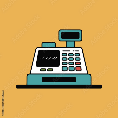 Illustration of a retro cash register with a display and buttons on an orange background design