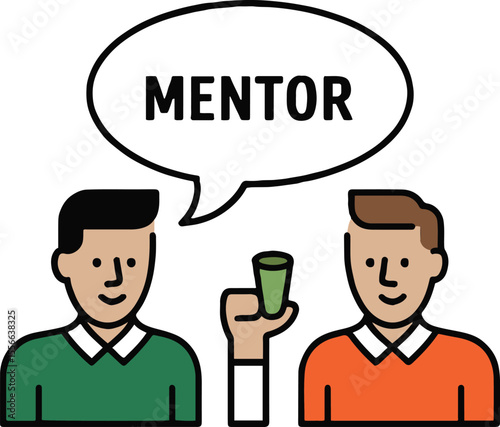 Illustration of two people with a speech bubble saying mentor and a hand holding a green cup