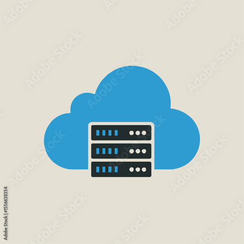 Illustration of a blue cloud with a server rack in front of it on a light beige background