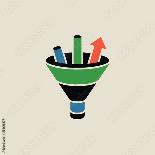 Illustrated funnel with blue green and red elements on a beige background marketing concept image