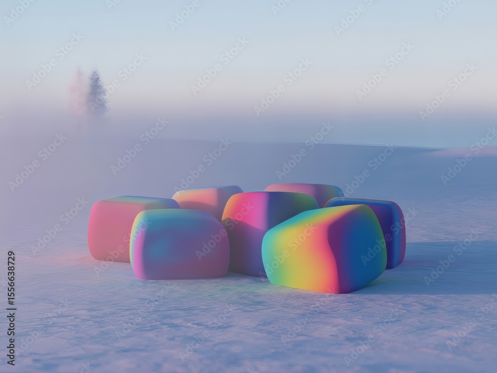 Obraz premium Soft Rainbow-Toned Cubes Rest in a Mistik Snowy Landscape at Gentle Sunset