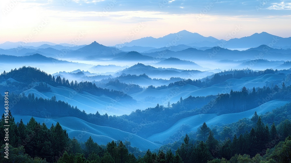 Obraz premium A serene vista of rolling hills bathed in a tranquil blue hue.