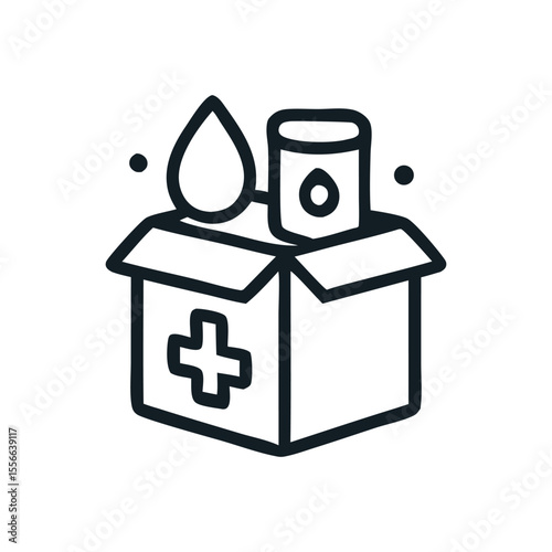 Simple illustration of a donation box containing essential aid supplies, including water.
