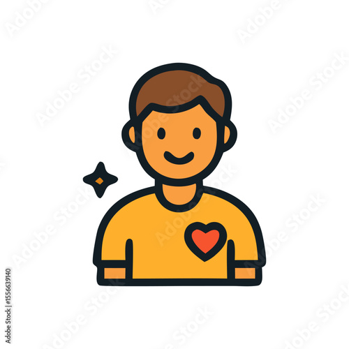Happy boy with heart on shirt, volunteer, kindness, compassion.